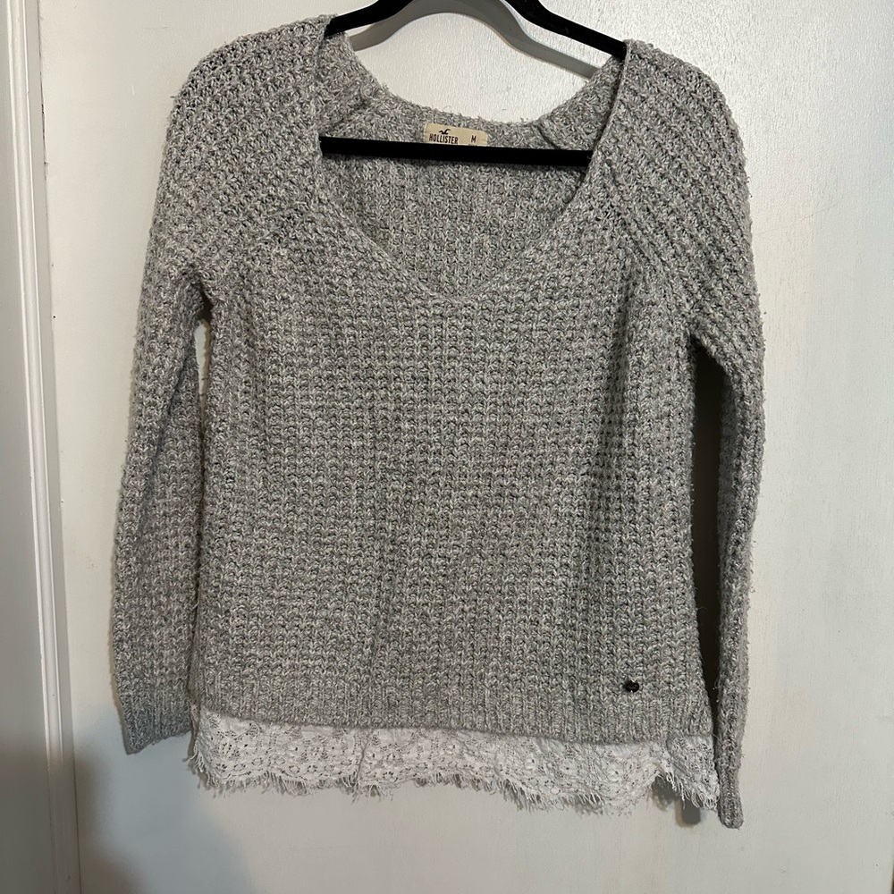 Hollister Gray V-Neck Sweater with Lace Hem